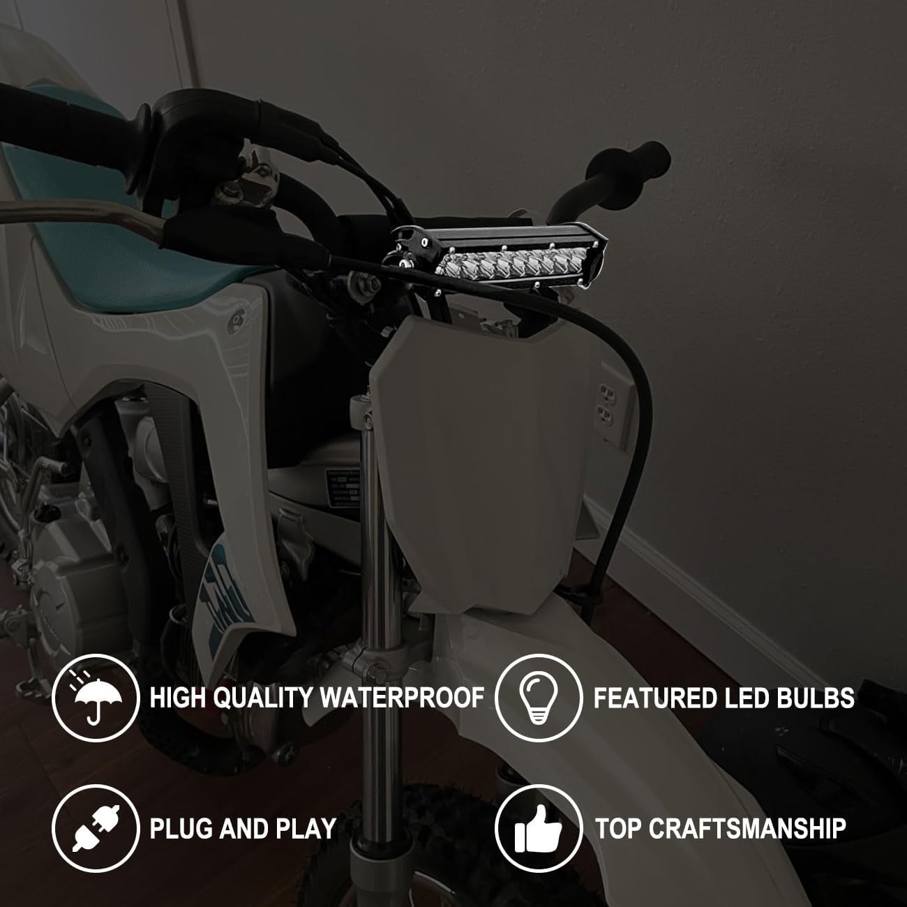 Motorcycle LED Light Bar & On-Off Switch Headlight Kit for CRF110 CRF250F KLX110 TTR110 TTR110E RM85 YZF450 60W Motocross LED Light Kit Universal for 7/8" 22Mm Handlebars Pit Dirt Bike Plug and Play